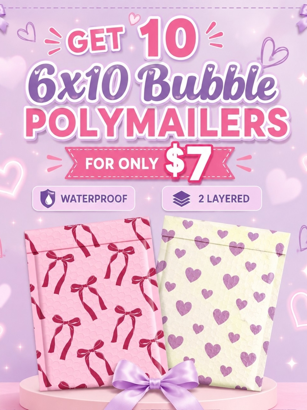 Bubbled Polymailers Mailer Set - 6x10 (10 Pack) BOWS OR HEARTS